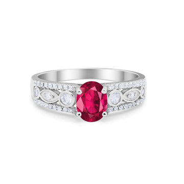 Art Deco Wedding Ring Oval Simulated Ruby CZ 925 Sterling Silver